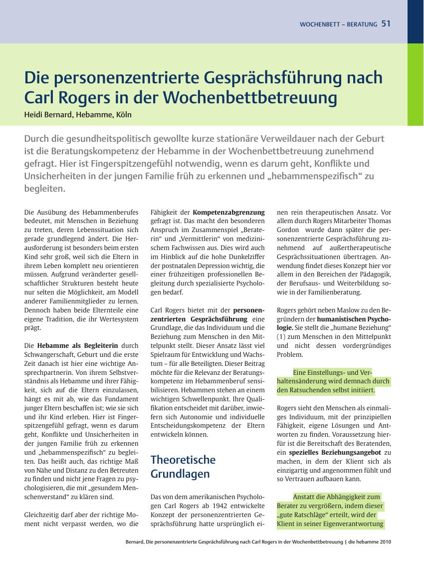Vorschauseite 1: Die personenzentrierte Gesprächsführung nach Carl Rogers in der Wochenbettbetreuung