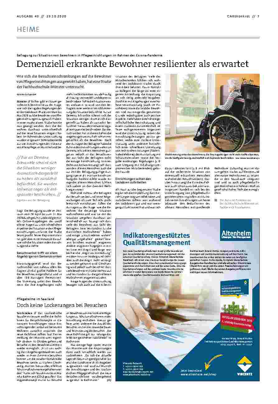Vorschauseite 1: Demenziell erkrankte Bewohner resilienter als erwartet