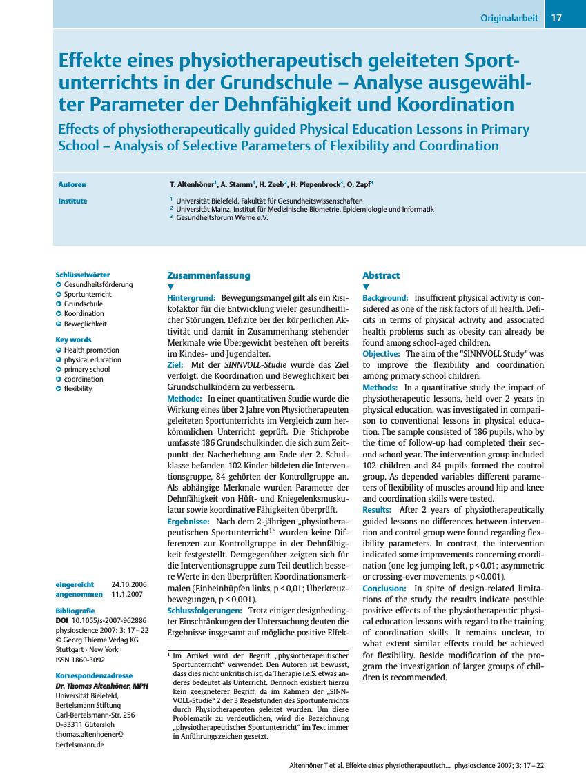 Vorschauseite 1: Effekte eines physiotherapeutisch geleiteten Sportunterrichts in der Grundschule - Analyse ausgewählter Parameter der Dehnfähigkeit und Koordination