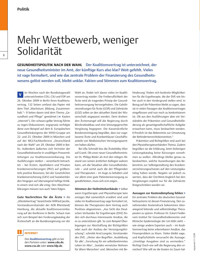 Vorschauseite 1: Gesundheitspolitik nach der Wahl ? Mehr Wettbewerb, weniger Solidarität