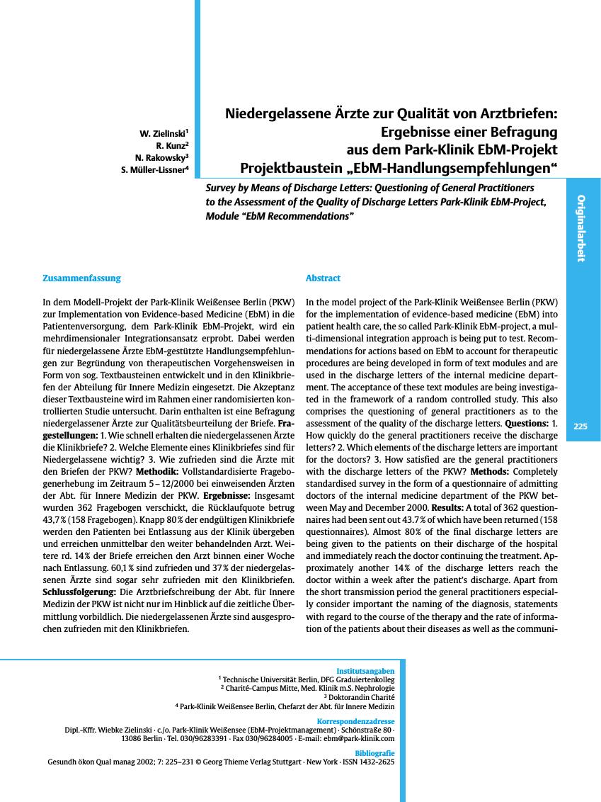 Vorschauseite 1: Niedergelassene Ärzte zur Qualität von Arztbriefen: Ergebnisse einer Befragung aus dem Park-Klinik EbM-Projekt Projektbaustein „EbM-Handlungsempfehlungen”