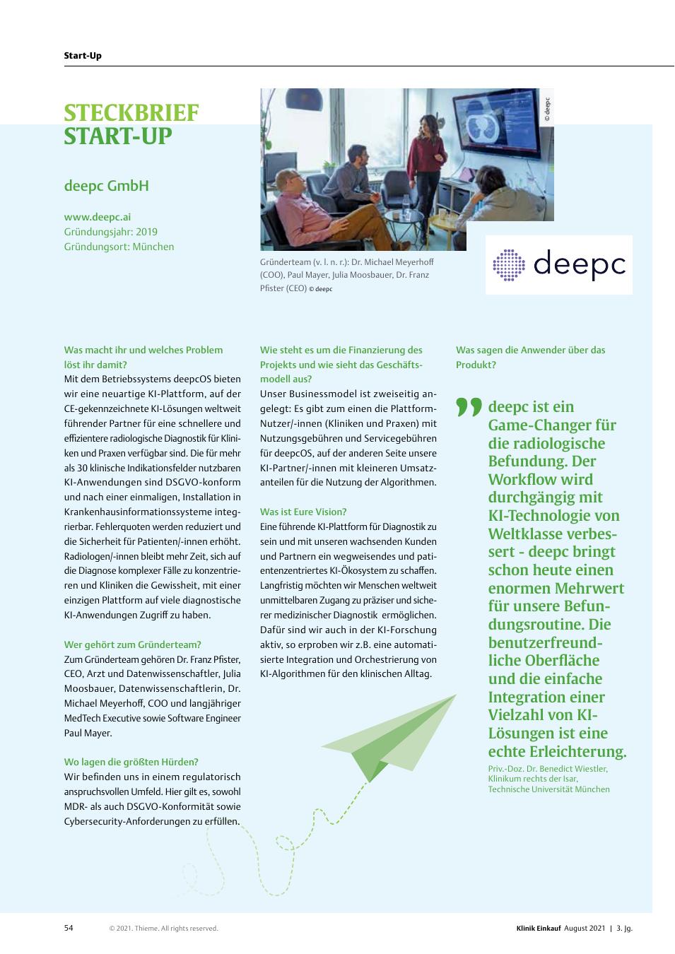 Vorschauseite 1: Steckbrief Start-Up: deepc GmbH