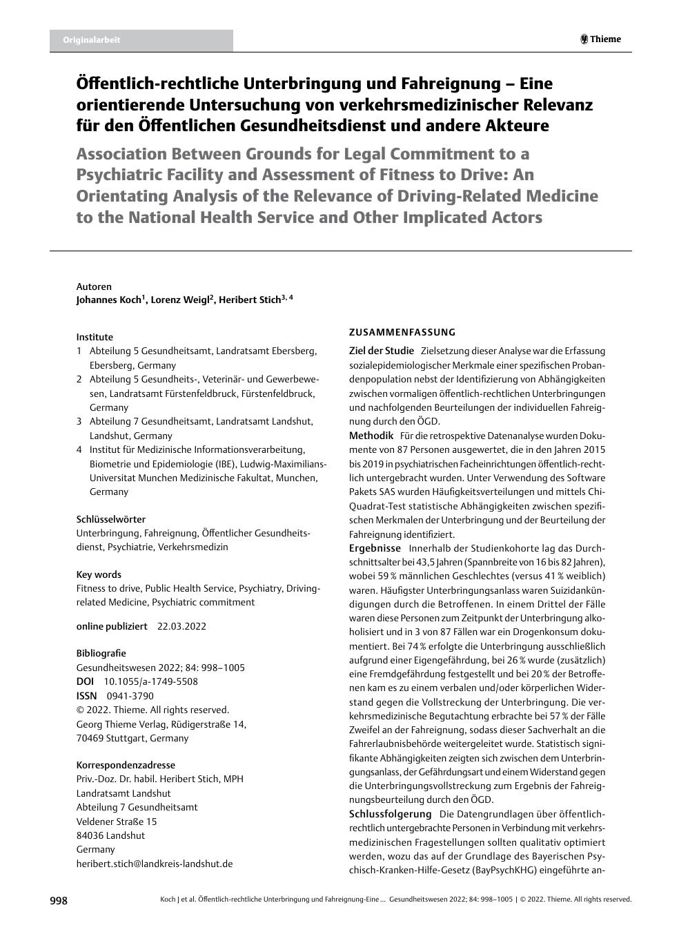 Vorschauseite 1: Öffentlich-rechtliche Unterbringung und Fahreignung – Eine orientierende Untersuchung von verkehrsmedizinischer Relevanz für den Öffentlichen Gesundheitsdienst und andere Akteure