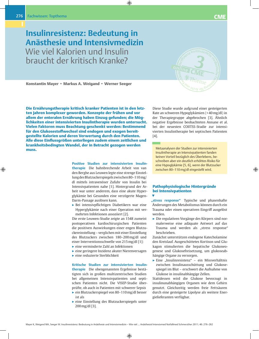 Vorschauseite 1: Insulinresistenz: Bedeutung in Anästhesie und Intensivmedizin – Wie viel Kalorien und Insulin braucht der kritisch Kranke?
