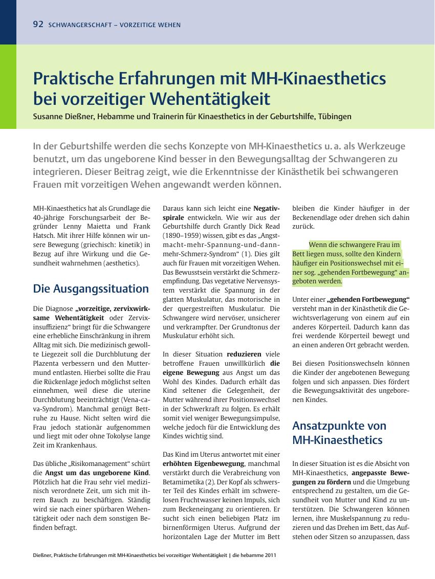 Vorschauseite 1: Praktische Erfahrungen mit MH-Kinaesthetics bei vorzeitiger Wehentätigkeit