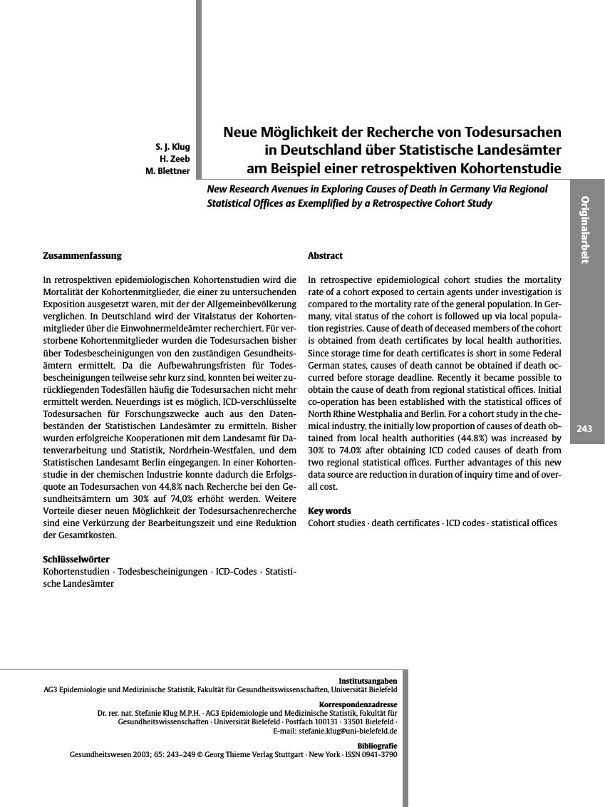 Vorschauseite 1: Neue Möglichkeit der Recherche von Todesursachen in Deutschland über Statistische Landesämter am Beispiel einer retrospektiven Kohortenstudie