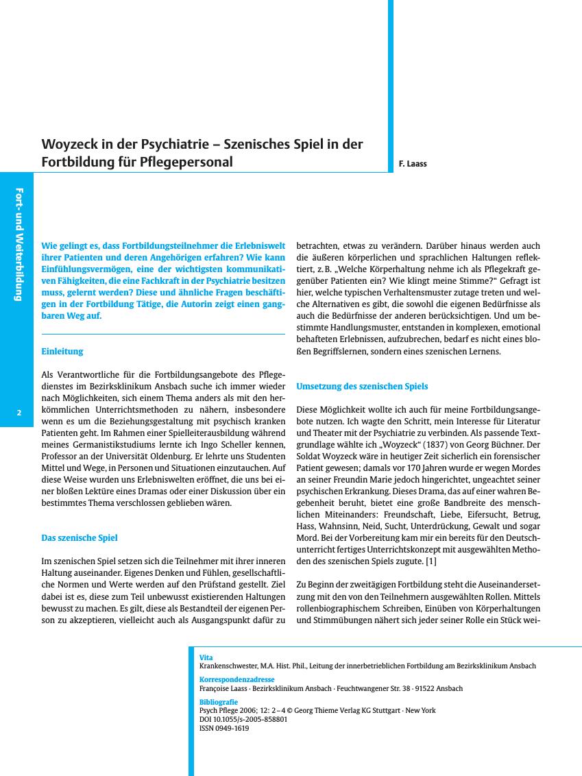 Vorschauseite 1: Woyzeck in der Psychiatrie - Szenisches Spiel in der Fortbildung für Pflegepersonal