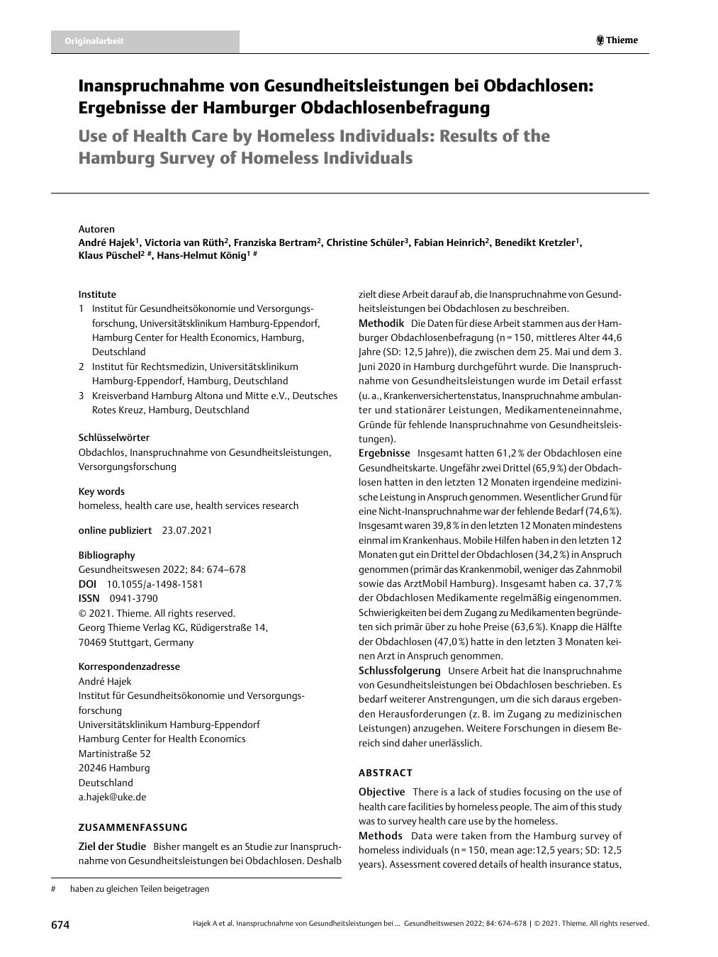 Vorschauseite 1: Inanspruchnahme von Gesundheitsleistungen bei Obdachlosen: Ergebnisse der Hamburger Obdachlosenbefragung