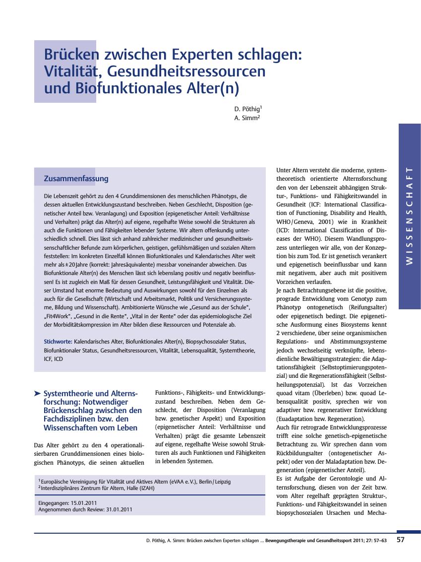 Vorschauseite 1: Brücken zwischen Experten schlagen: Vitalität, Gesundheitsressourcen und Biofunktionales Alter(n)
