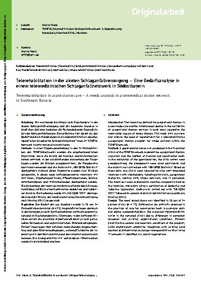 Vorschauseite 1: Telerehabilitation in der akuten Schlaganfallversorgung – Eine Bedarfsanalyse in einem telemedizinischen Schlaganfallnetzwerk in Südostbayern