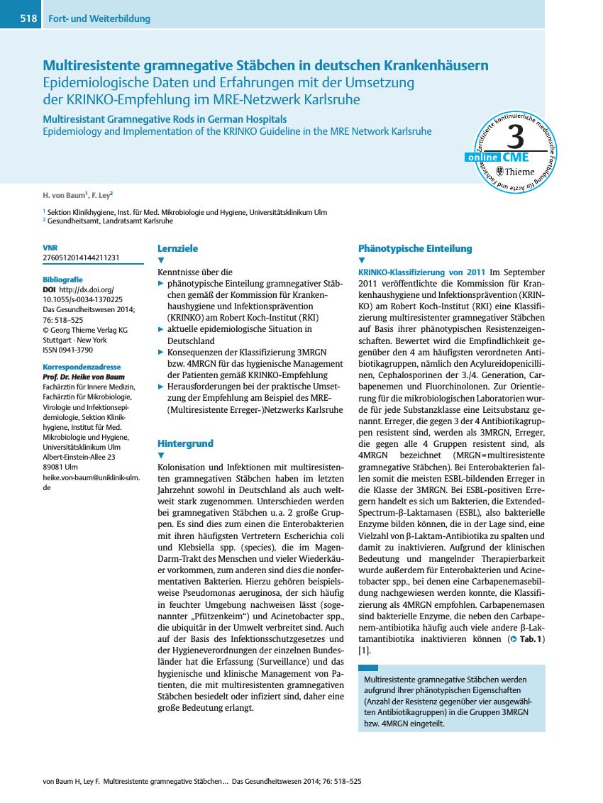 Vorschauseite 1: Multiresistente gramnegative Stäbchen in deutschen Krankenhäusern