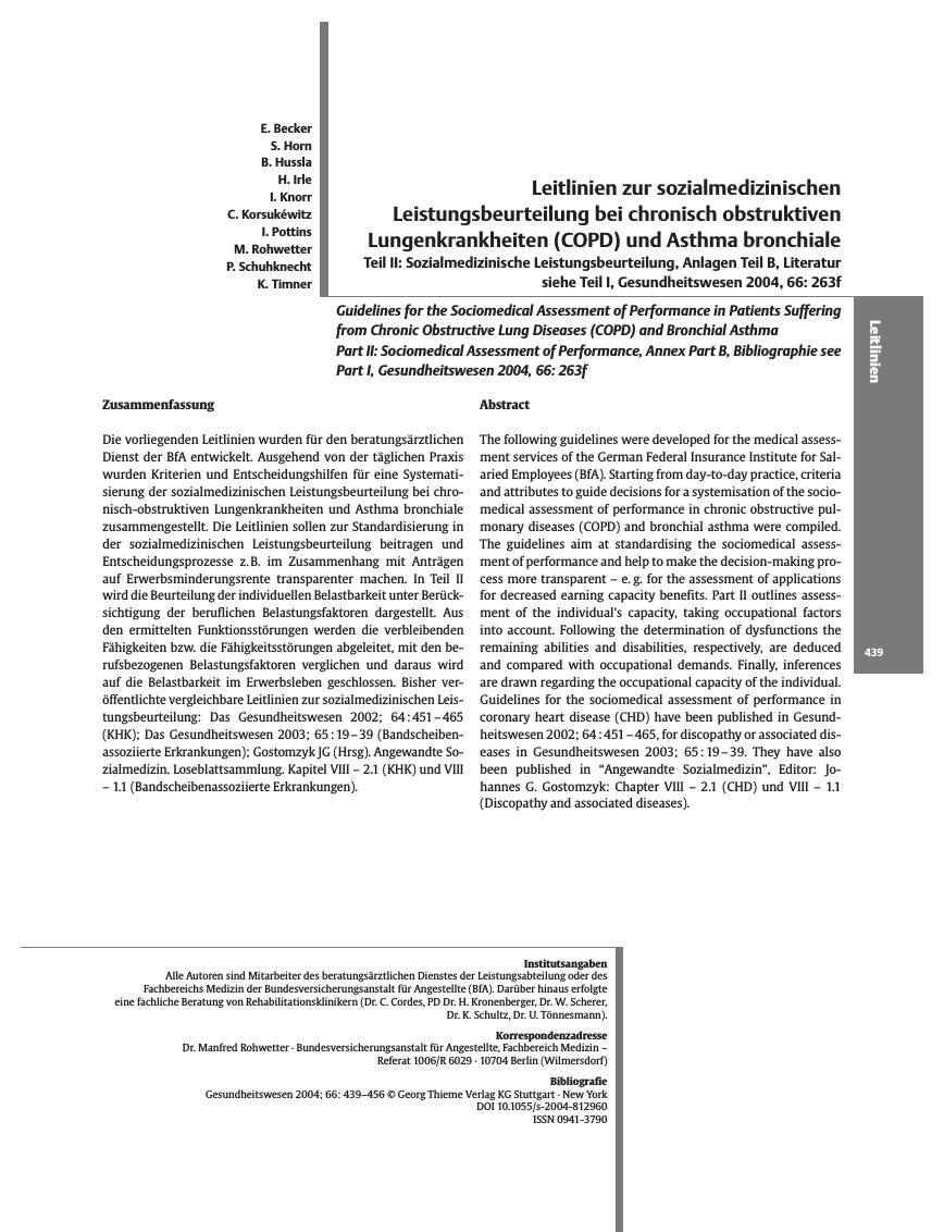 Vorschauseite 1: Leitlinien zur sozialmedizinischen Leistungsbeurteilung bei chronisch obstruktiven Lungenkrankheiten (COPD) und Asthma bronchiale