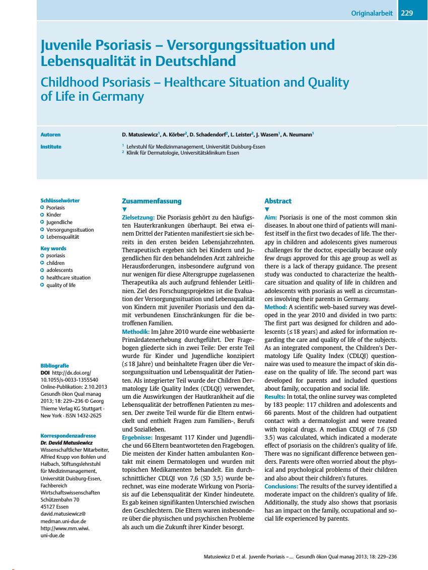 Vorschauseite 1: Juvenile Psoriasis – Versorgungssituation und Lebensqualität in Deutschland