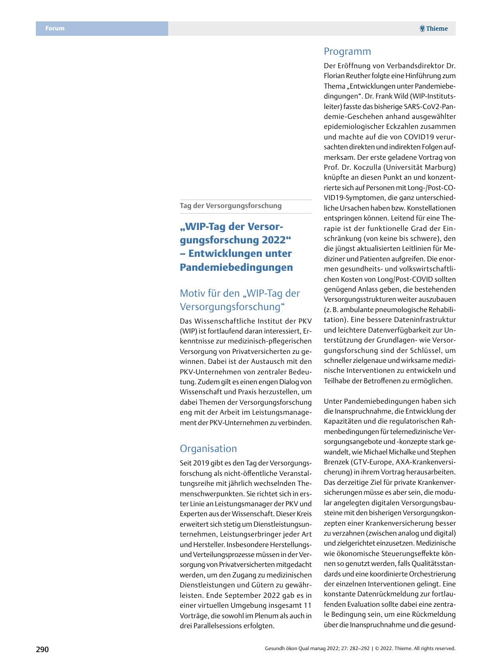 Vorschauseite 1: Tag der Versorgungsforschung - „WiP-Tag der Versorgungsforschung 2022“ – Entwicklungen unter Pandemiebedingungen