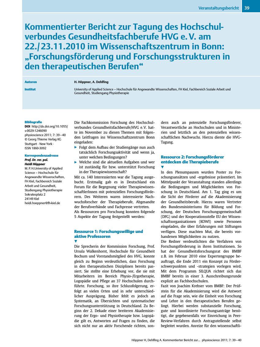 Vorschauseite 1: Kommentierter Bericht zur Tagung des Hochschulverbundes Gesundheitsfachberufe HVG e. V. am 22./ 23.11.2010 im Wissenschaftszentrum in Bonn: ?Forschungsförderung und Forschungsstru…