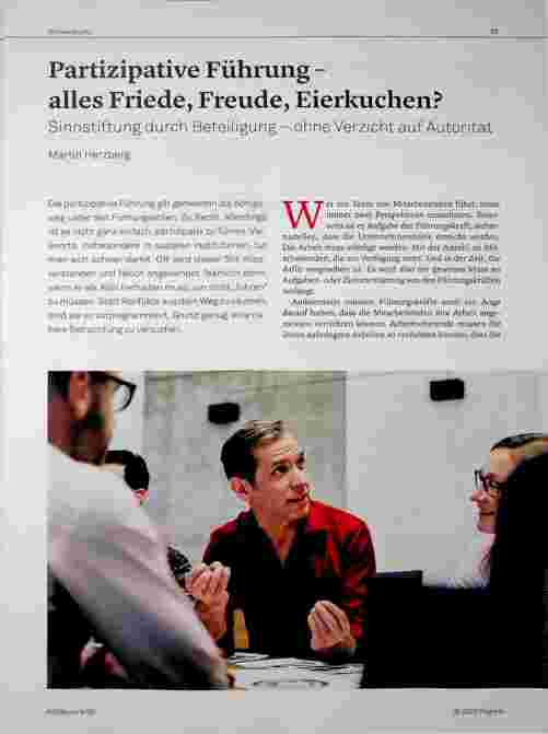Vorschauseite 1: Partizipative Führung - alles Friede, Freude, Eierkuchen? Sinnstiftung durch Beteiligung - ohne Verzicht auf Autorität.
