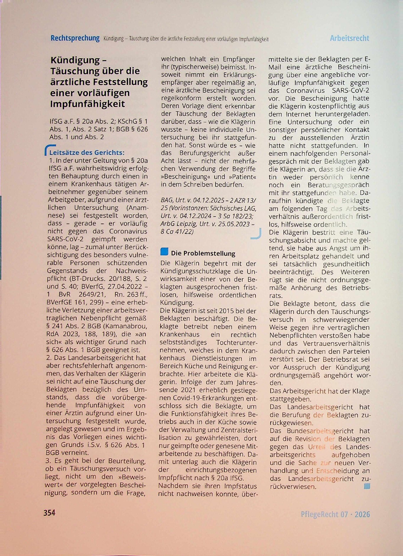 Vorschauseite 1: Kündigung – Täuschung über die ärztliche Feststellung einer vorläufigen Impfunfähigkeit