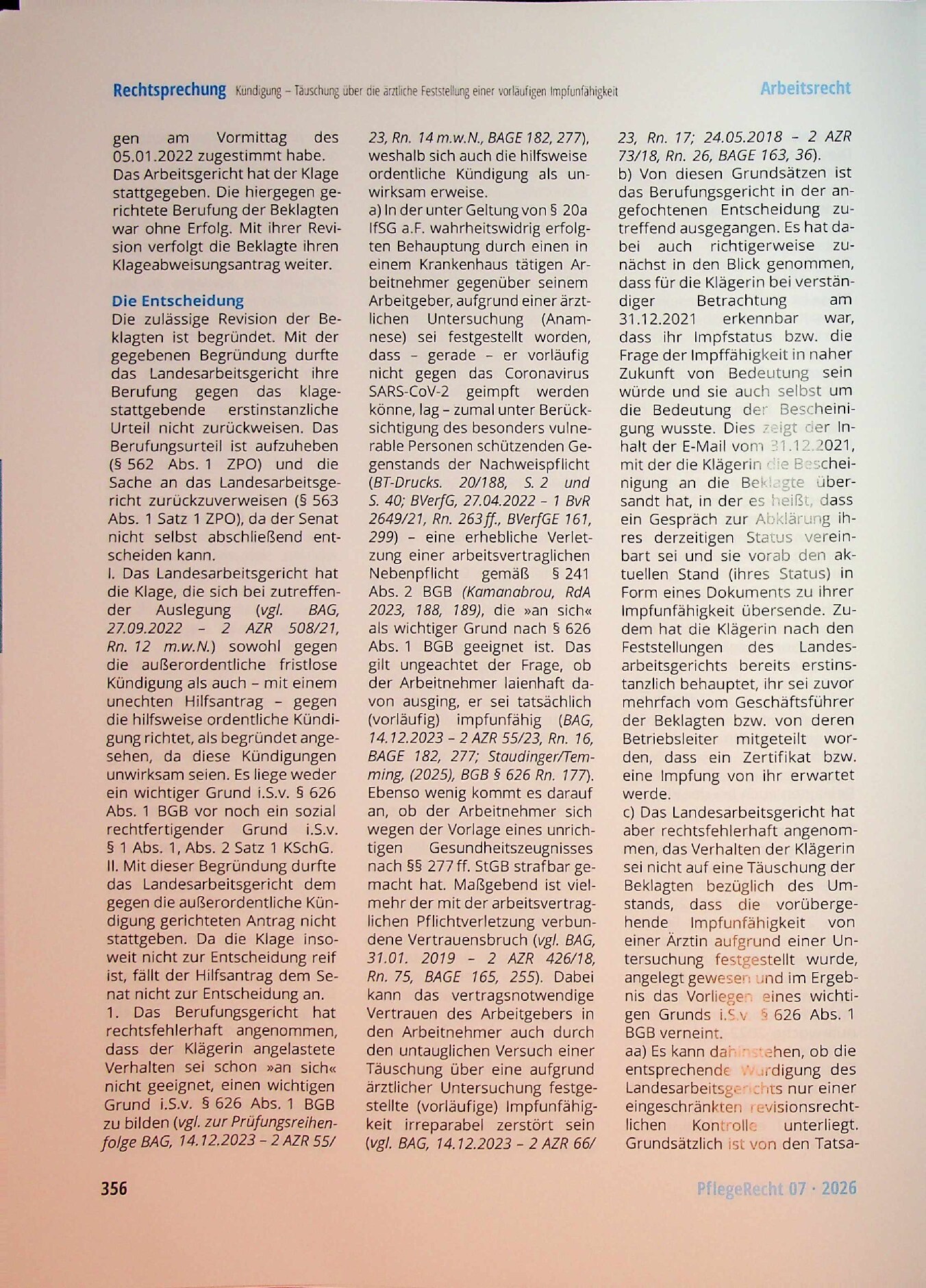 Vorschauseite 3: Kündigung – Täuschung über die ärztliche Feststellung einer vorläufigen Impfunfähigkeit