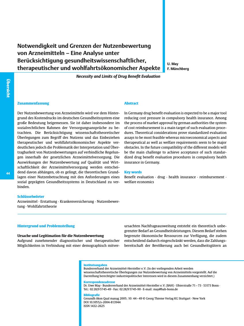 Vorschauseite 1: Notwendigkeit und Grenzen der Nutzenbewertung von Arzneimitteln - Eine Analyse unter Berücksichtigung gesundheitswissenschaftlicher, therapeutischer und wohlfahrtsökonomischer Asp…