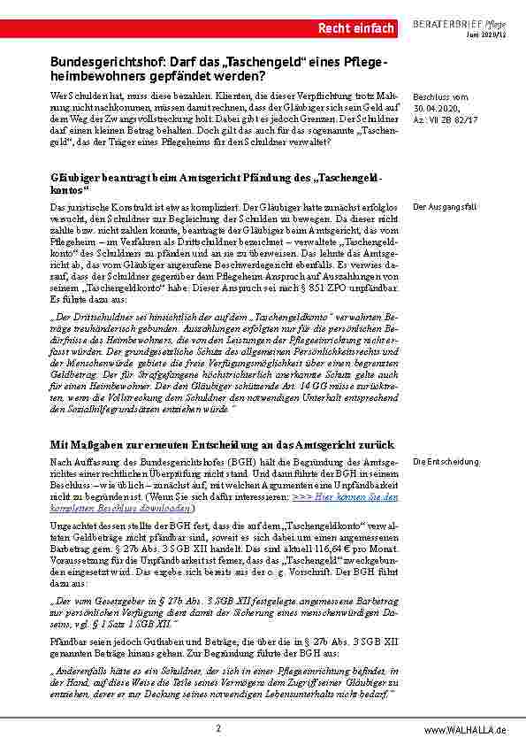 Vorschauseite 2: Bundesgerichtshof: Darf das „Taschengeld“ eines Pflegeheimbewohners gepfändet werden?