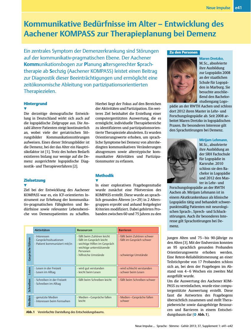 Vorschauseite 1: Kommunikative Bedürfnisse im Alter – Entwicklung des Aachener KOMPASS zur Therapieplanung bei Demenz