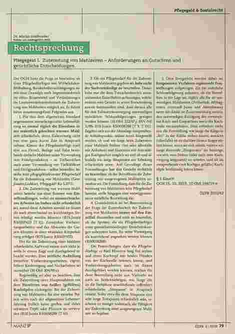 Vorschauseite 1: Pflegegeld I. Zubereitung von Mahlzeiten - Anforderungen an Gutachten und gerichtliche Entscheidungen.