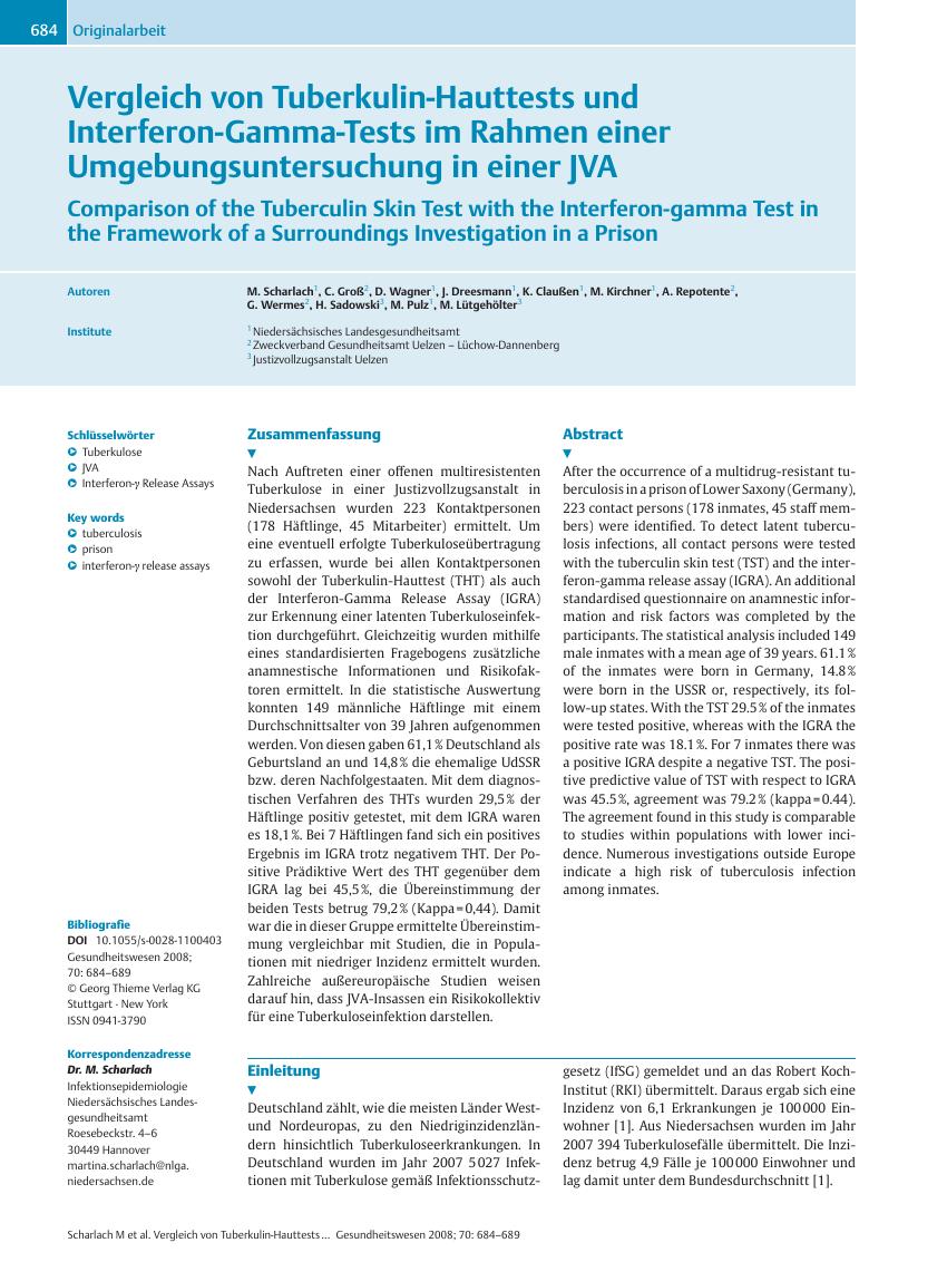 Vorschauseite 1: Vergleich von Tuberkulin-Hauttests und Interferon-Gamma-Tests im Rahmen einer Umgebungsuntersuchung in einer JVA
