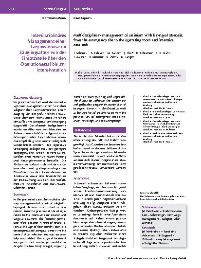Vorschauseite 1: Interdisziplinäres Management einer Larynxstenose im Säuglingsalter: von der Einsatzstelle über den Operationssaal bis zur Intensivstation