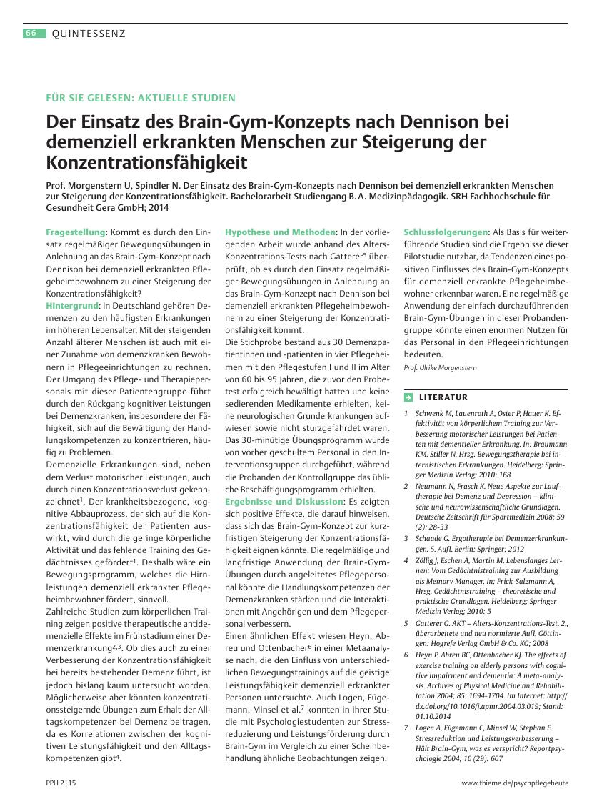 Vorschauseite 1: Der Einsatz des Brain-Gym-Konzepts nach Dennison bei demenziell erkrankten Menschen zur Steigerung der Konzentrationsfähigkeit