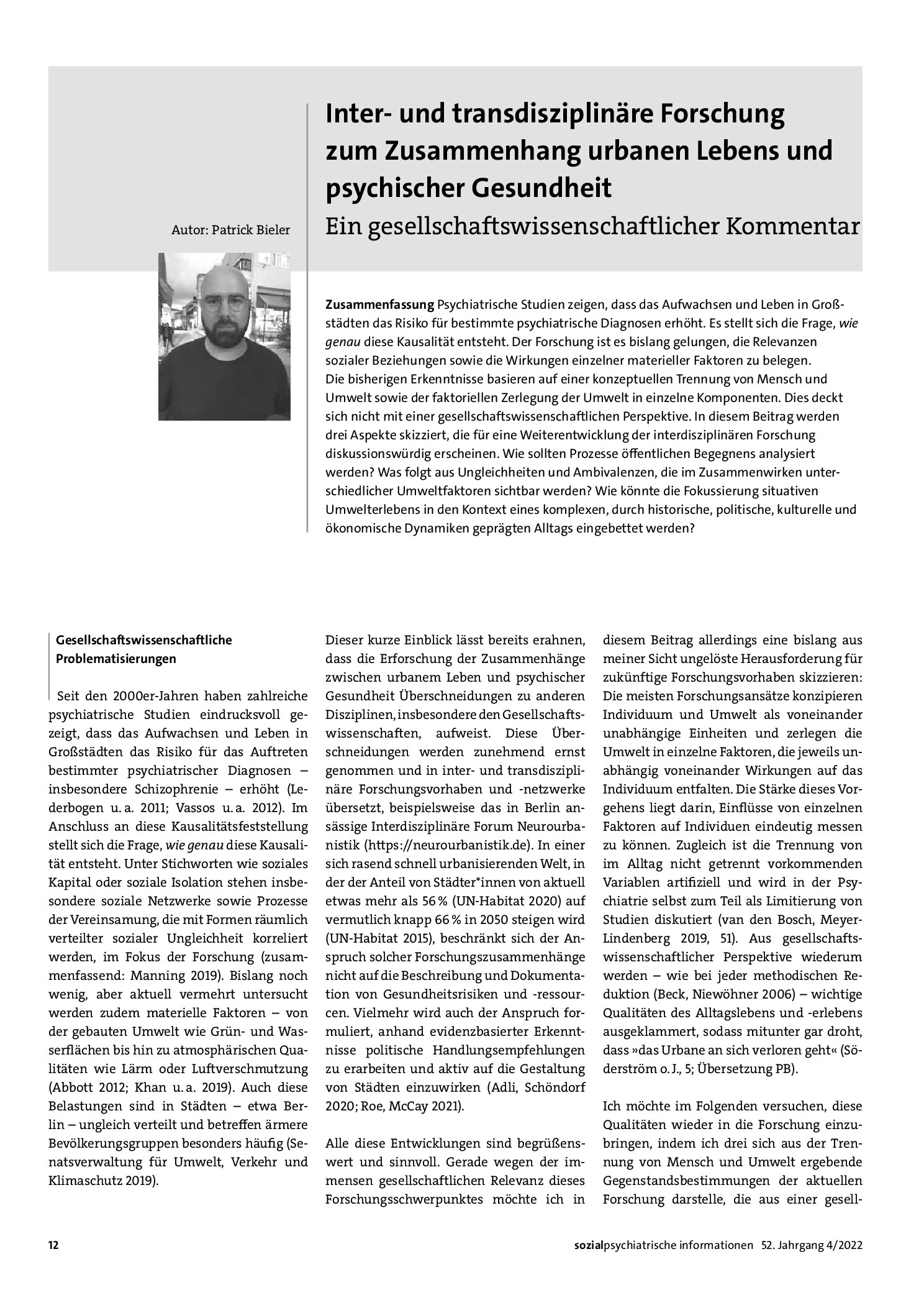 Vorschauseite 1: Inter- und transdisziplinäre Forschung zum Zusammenhang urbanen Lebens und psychischer Gesundheit
