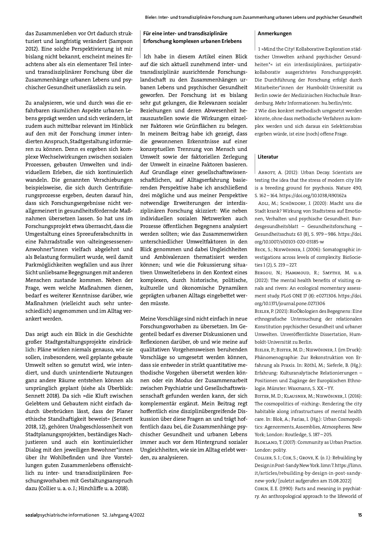 Vorschauseite 4: Inter- und transdisziplinäre Forschung zum Zusammenhang urbanen Lebens und psychischer Gesundheit