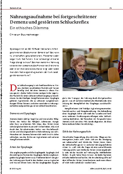 Vorschauseite 1: Nahrungsaufnahme bei fortgeschrittener Demenz und gestörtem Schluckreflex Ein ethisches Dilemma
