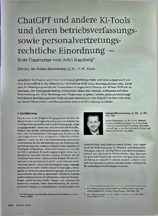 Vorschauseite 1: ChatGPT und andere KI-Tools und deren betriebsverfassungssowie personalvertretungsrechtliche Einordnung