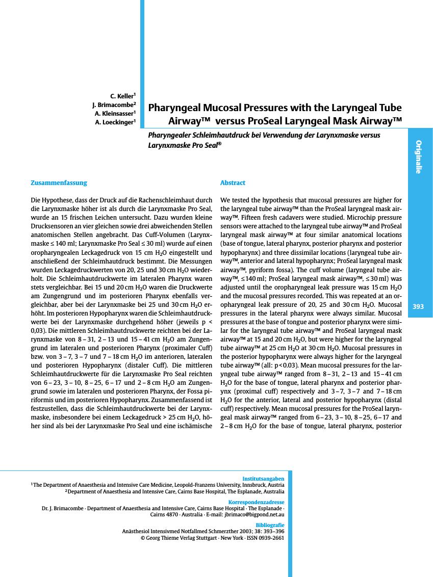 Vorschauseite 1: Pharyngeal Mucosal Pressures with the Laryngeal Tube Airway™ versus ProSeal Laryngeal Mask Airway™