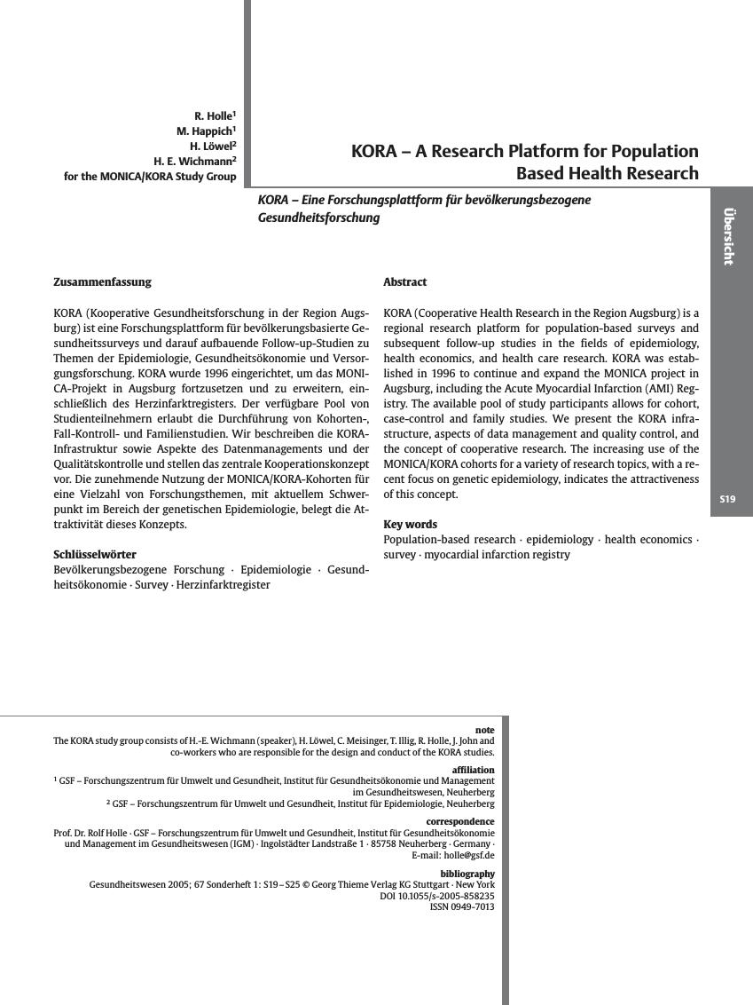 Vorschauseite 1: KORA - A Research Platform for Population Based Health Research
