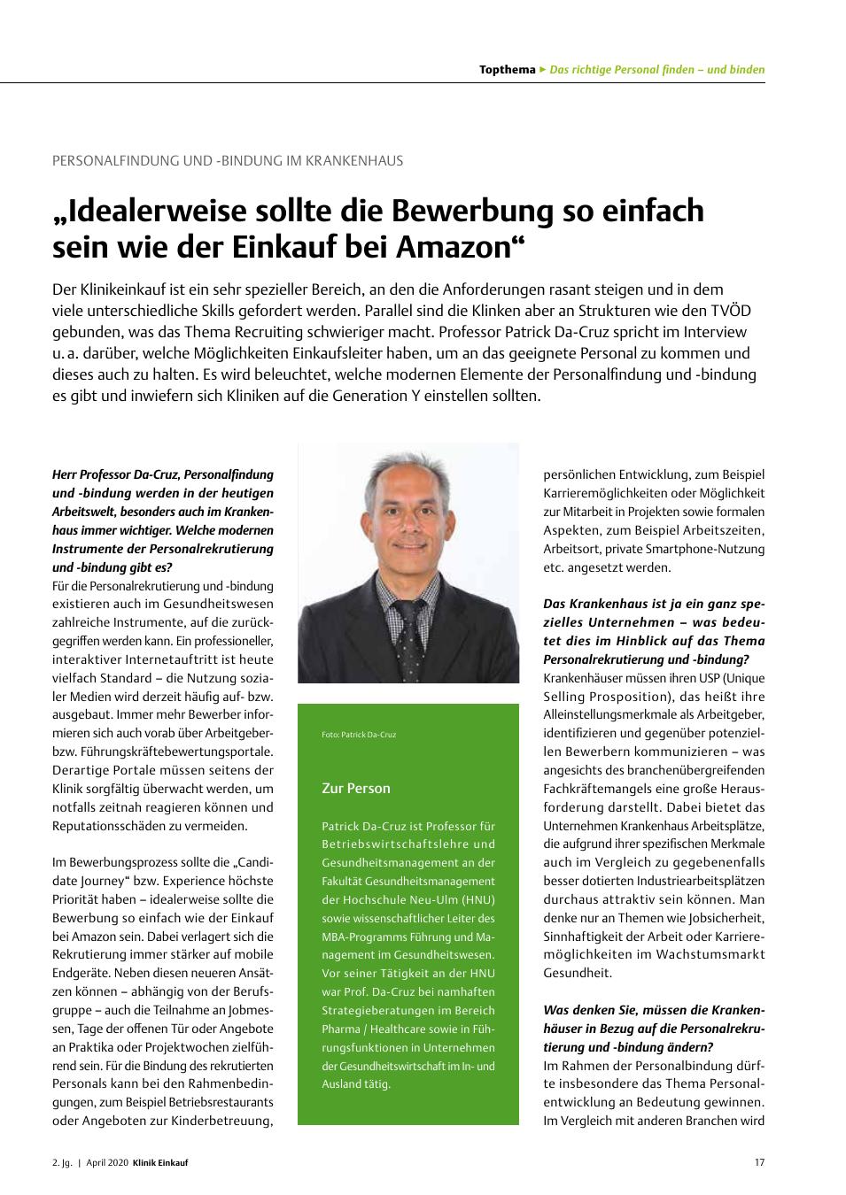 Vorschauseite 1: Personalfindung und -bindung im Krankenhaus: „Idealerweise sollte die Bewerbung so einfach sein wie der Einkauf bei Amazon“