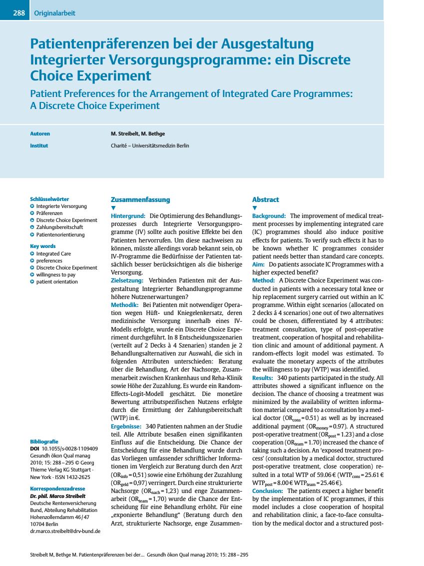 Vorschauseite 1: Patientenpräferenzen bei der Ausgestaltung Integrierter Versorgungsprogramme: ein Discrete Choice Experiment
