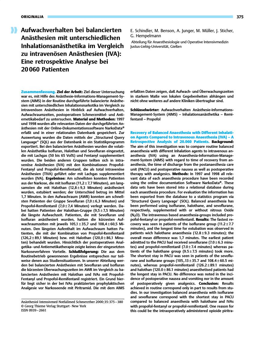 Vorschauseite 1: Aufwachverhalten bei balancierten Anästhesien mit unterschiedlichen Inhalationsanästhetika im Vergleich zu intravenösen Anästhesien (IVA): Eine retrospektive Analyse bei 20 060 Pa…