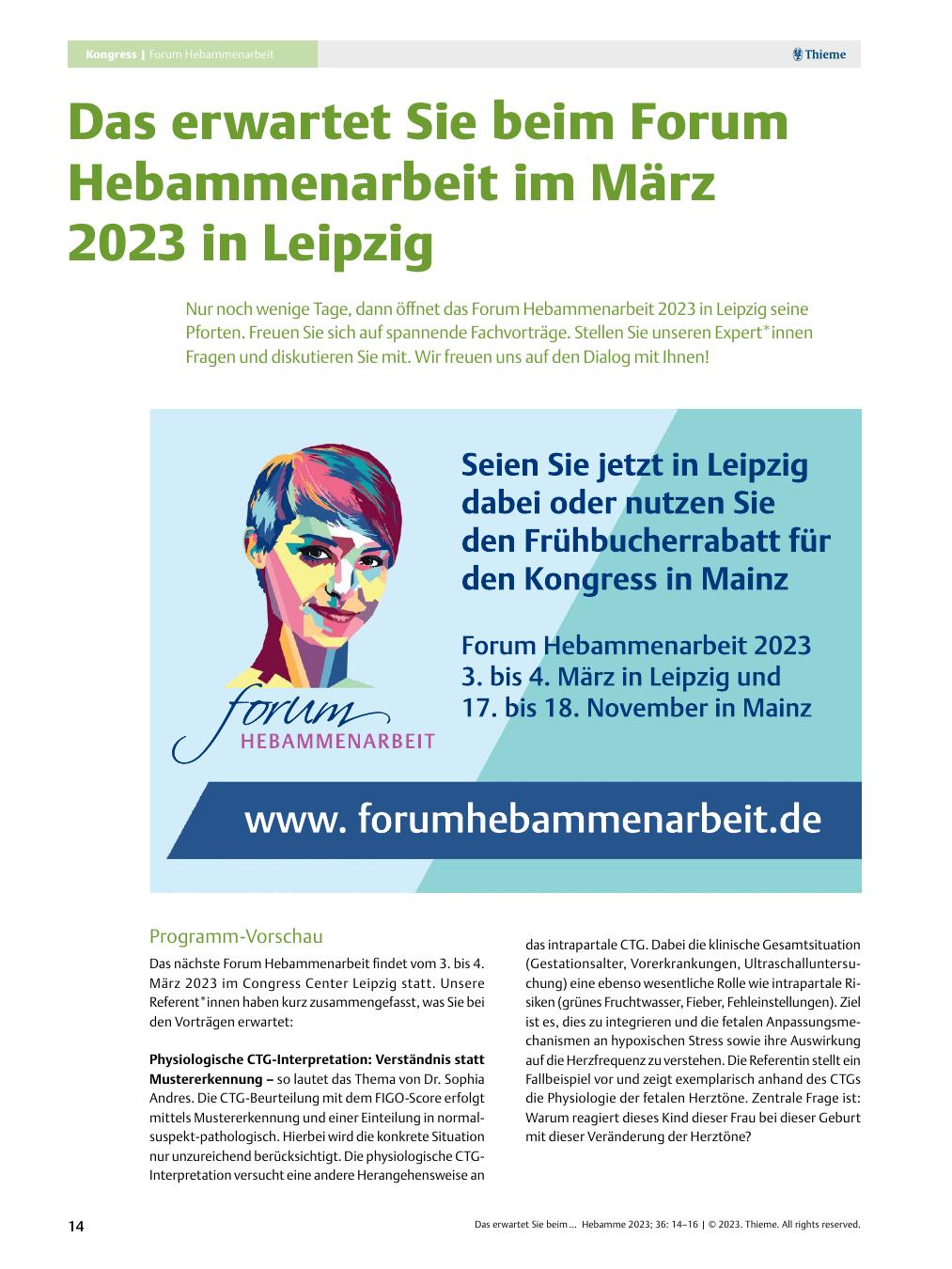 Vorschauseite 1: Das erwartet Sie beim Forum Hebammenarbeit im März 2023 in Leipzig.
