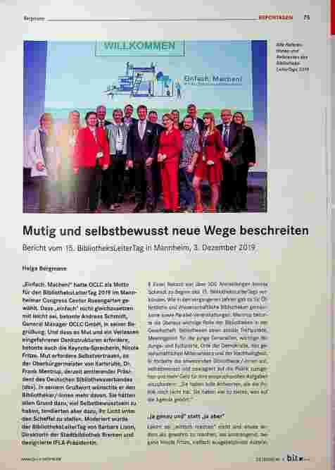 Vorschauseite 1: Mutig und selbstbewusst neue Wege beschreiten. Bericht vom 15. Bibliotheksleitertag in Mannheim, 3. Dezember 2019.
