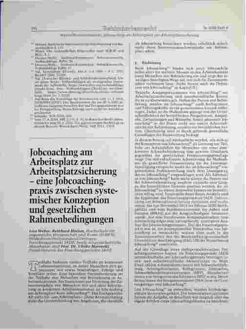 Vorschauseite 1: Jobcoaching am Arbeitsplatz zur Arbeitsplatzsicherung - eine Jobcoachingpraxis zwischen systemischer Konzeption und gesetzlichen Rahmenbedingungen
