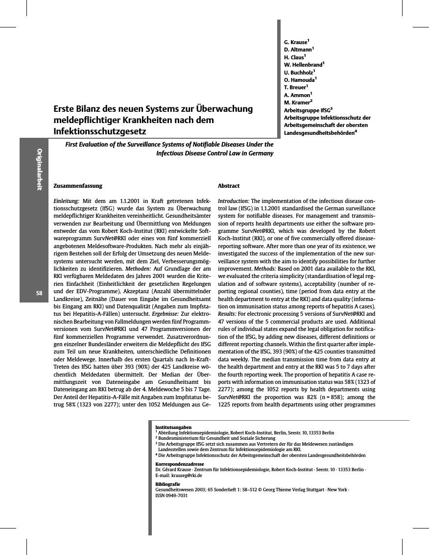 Vorschauseite 1: Erste Bilanz des neuen Systems zur Überwachung meldepflichtiger Krankheiten nach dem Infektionsschutzgesetz