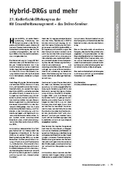 Vorschauseite 1: Hybrid-DRGs und mehr 27. Kodierfachkräftekongress der KU Gesundheitsmanagement – das Online-Seminar