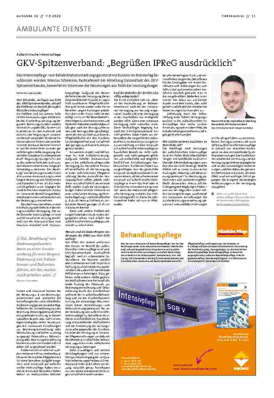 Vorschauseite 1: Außerklinische Intensivpflege GKV-Spitzenverband: „Begrüßen IPReG ausdrücklich“