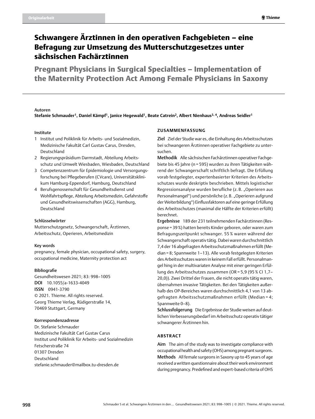 Vorschauseite 1: Schwangere Ärztinnen in den operativen Fachgebieten – eine Befragung zur Umsetzung des Mutterschutzgesetzes unter sächsischen Fachärztinnen