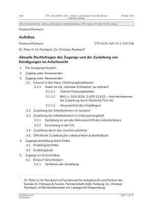 Vorschauseite 1: Aktuelle Rechtsfragen des Zugangs und der Zustellung von Kündigungen im Arbeitsrecht