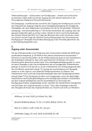 Vorschauseite 3: Aktuelle Rechtsfragen des Zugangs und der Zustellung von Kündigungen im Arbeitsrecht
