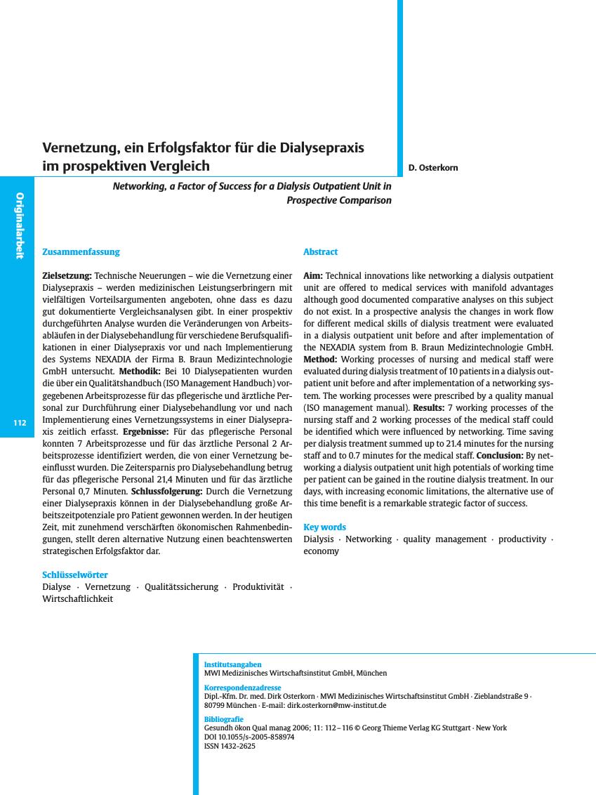 Vorschauseite 1: Vernetzung, ein Erfolgsfaktor für die Dialysepraxis im prospektiven Vergleich