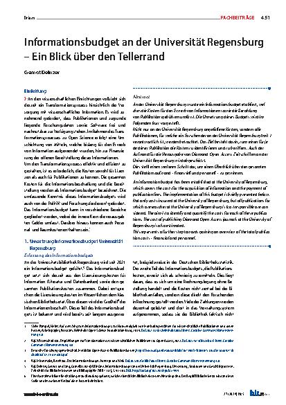 Vorschauseite 1: Informationsbudget an der Universität Regensburg – Ein Blick über den Tellerrand