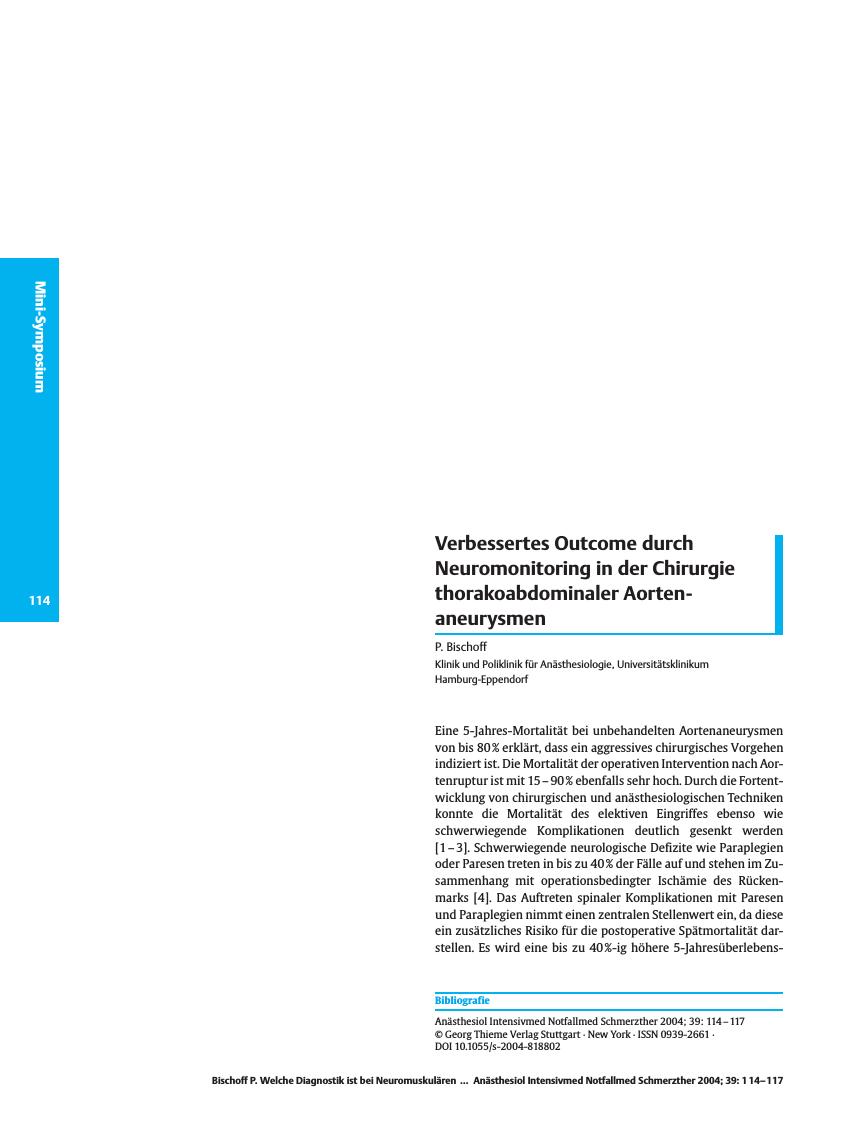 Vorschauseite 1: Verbessertes Outcome durch Neuromonitoring in der Chirurgie thorakoabdominaler Aortenaneurysmen